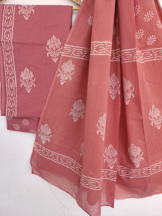 Hand Block Printed Cotton Suit With Mulmul Cotton Dupatta