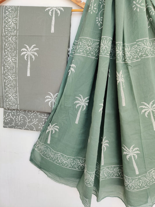 Hand Block Printed Cotton Suit With Mulmul Cotton Dupatta