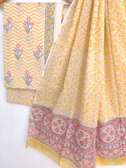 Hand Block Printed Cotton Suit With Mulmul Cotton Dupatta