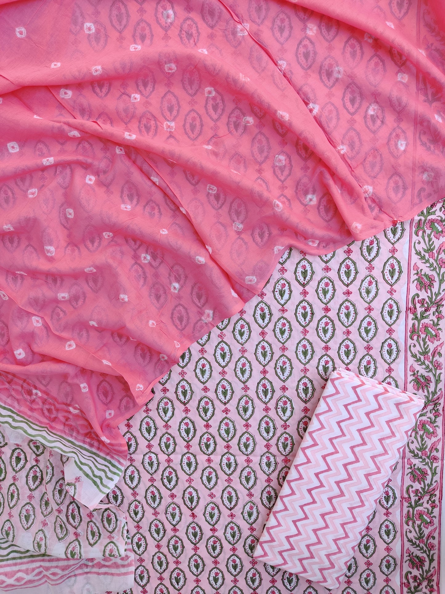 Hand Block Printed Cotton Suits with Mulmul Bandhej Dupatta