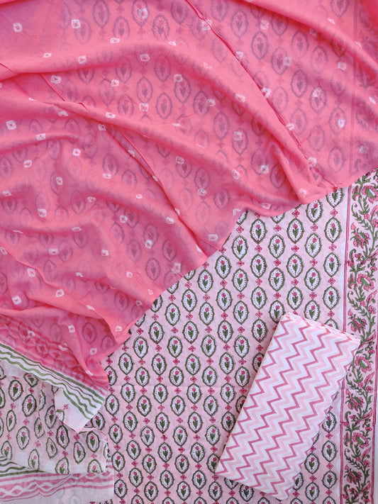 Hand Block Printed Cotton Suits with Mulmul Bandhej Dupatta