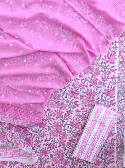 Hand Block Printed Cotton Suits with Mulmul Bandhej Dupatta