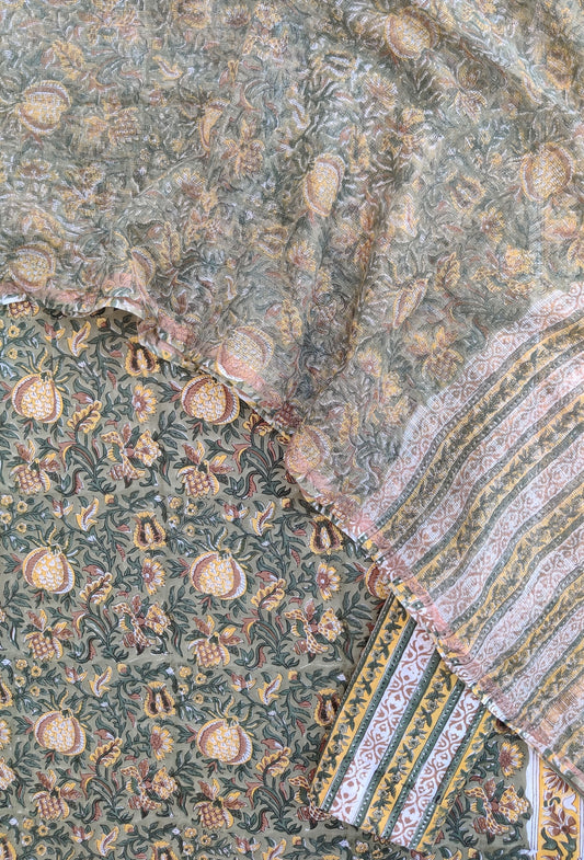 Hand Block Printed Cotton Suit with Cotton Kota Doria dupatta