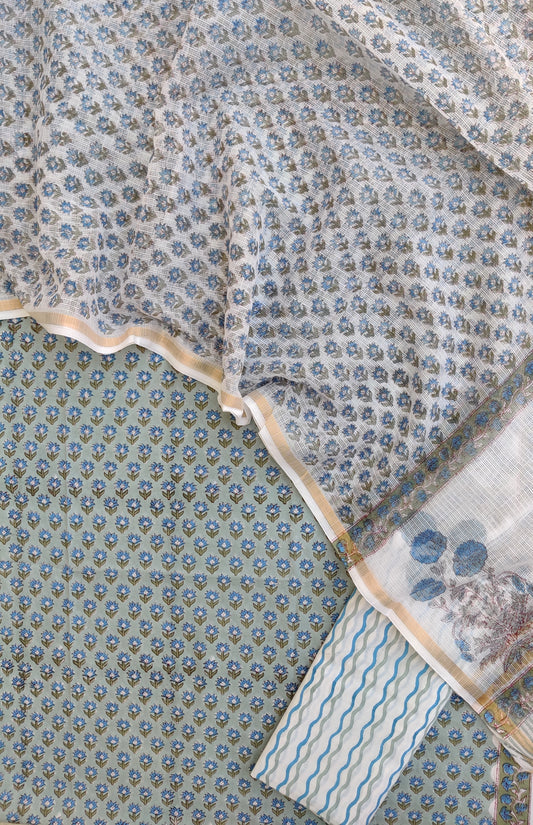 Hand Block Printed Cotton Suit with Cotton Kota Doria dupatta