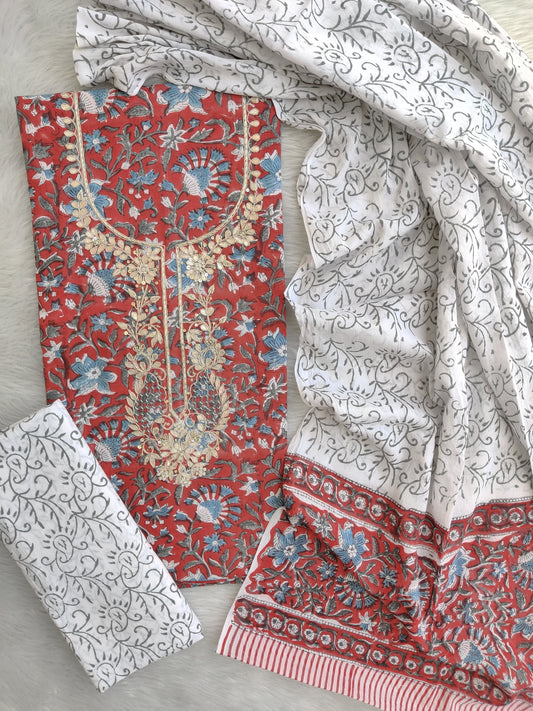 FLORAL PRINTED COTTON GOTA PATTI SUIT WITH COTTON DUPATTA