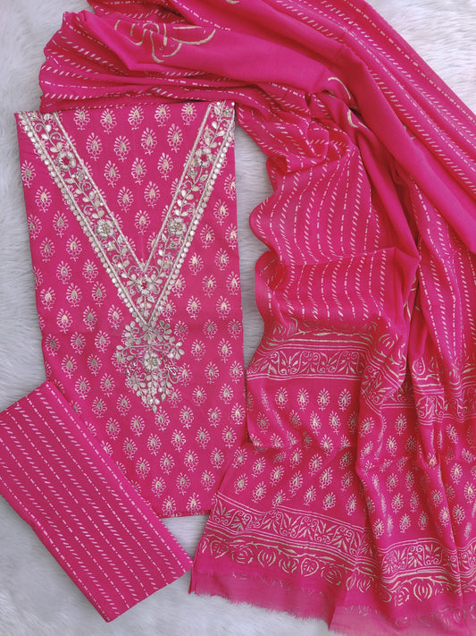FLORAL PRINTED COTTON GOTA PATTI SUIT WITH COTTON DUPATTA
