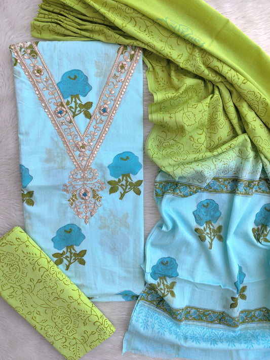 FLORAL PRINTED COTTON GOTA PATTI SUIT WITH COTTON DUPATTA