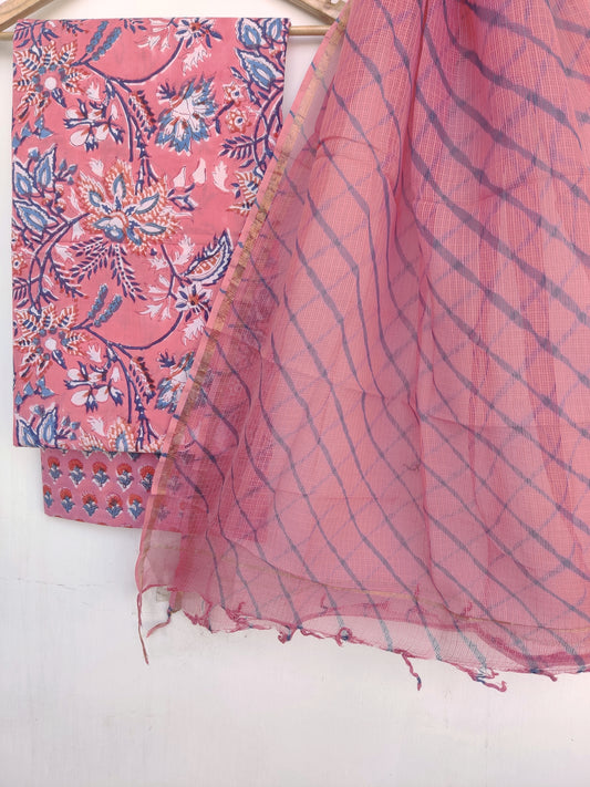 BLOCK PRINTED COTTON SUIT WITH LEHRIYA KOTA DORIA DUPATTA