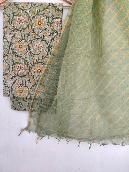 BLOCK PRINTED COTTON SUIT WITH LEHRIYA KOTA DORIA DUPATTA
