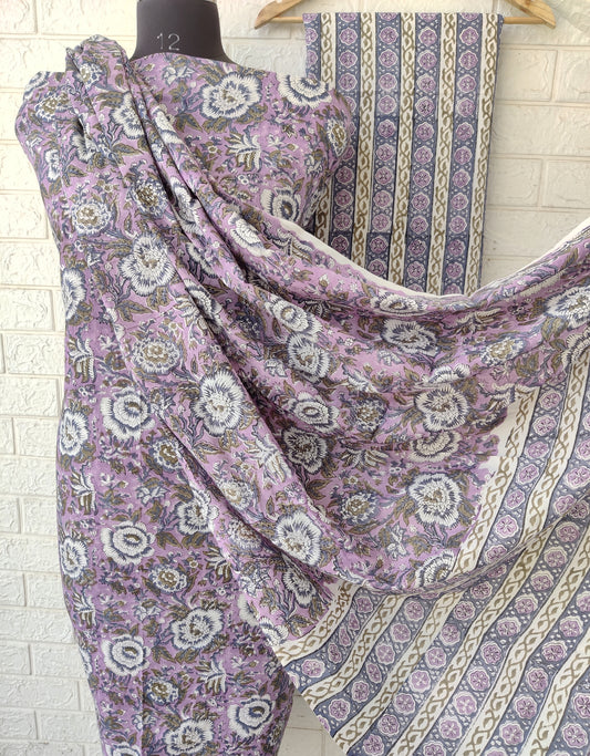 Hand Block Printed Cotton Suit With Mulmul Cotton Dupatta