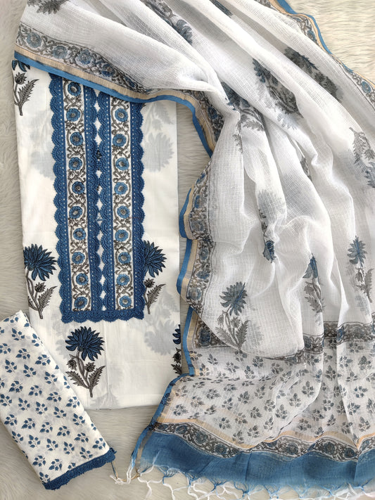 HAND BLOCK PRINTED  NECK WORK SUITS WITH KOTA DORIA DUPATTA