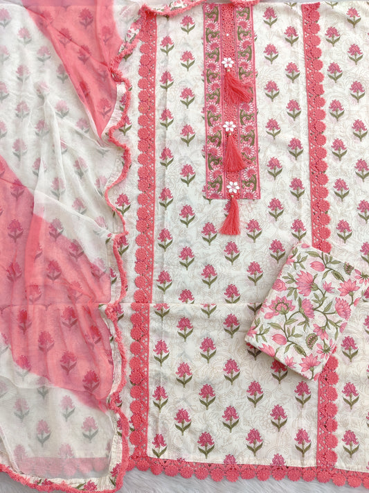 Exclusive Unstitched Cotton Neck Work Suits with Chiffon Dupatta