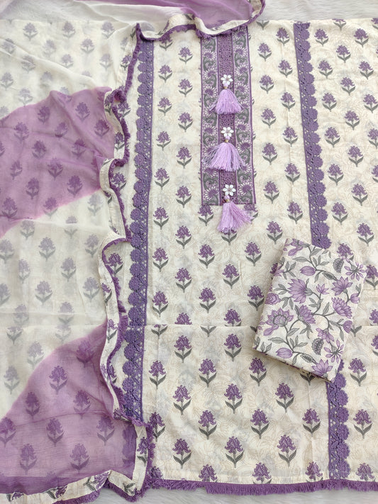 Exclusive Unstitched Cotton Neck Work Suits with Chiffon Dupatta