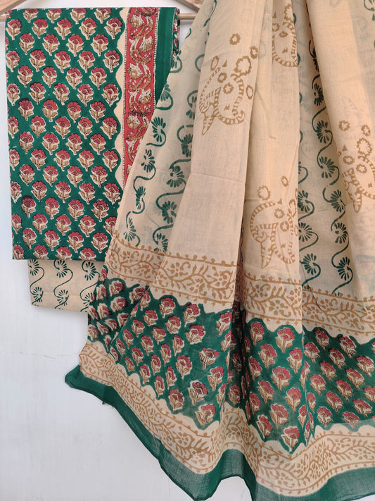 KALAMKARI Cotton Block Printed Cotton Suit with mulmul cotton Dupatta