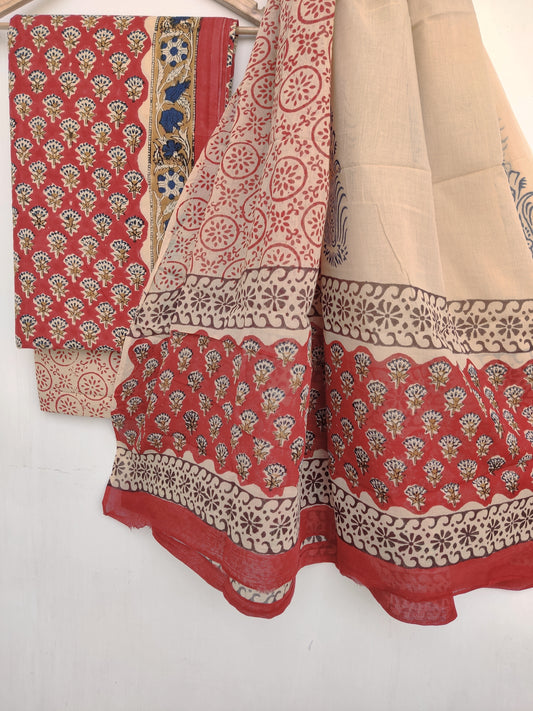 KALAMKARI Cotton Block Printed Cotton Suit with mulmul cotton Dupatta
