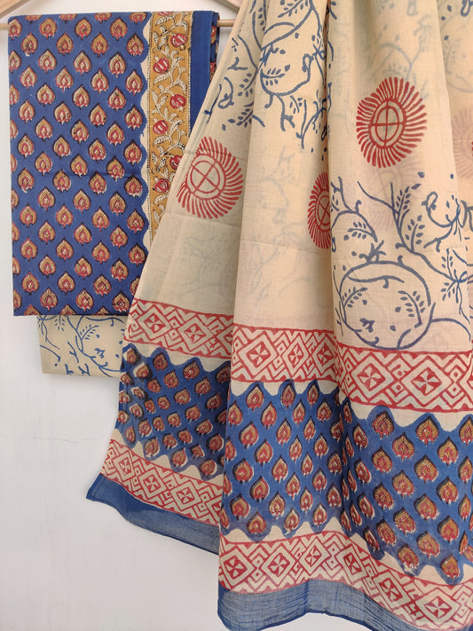 KALAMKARI Cotton Block Printed Cotton Suit with mulmul cotton Dupatta