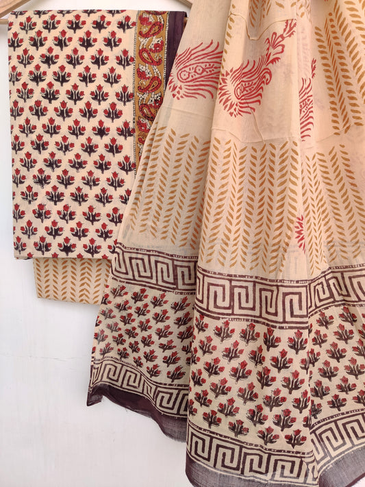 KALAMKARI Cotton Block Printed Cotton Suit with mulmul cotton Dupatta