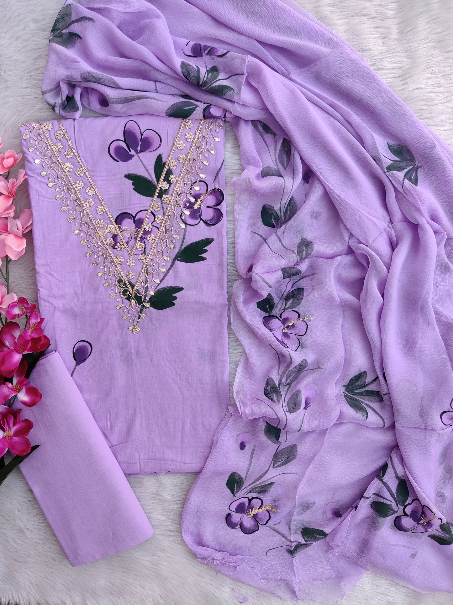 FLORAL PRINTED COTTON GOTA PATTI SUIT WITH CHIFFON DUPATTA