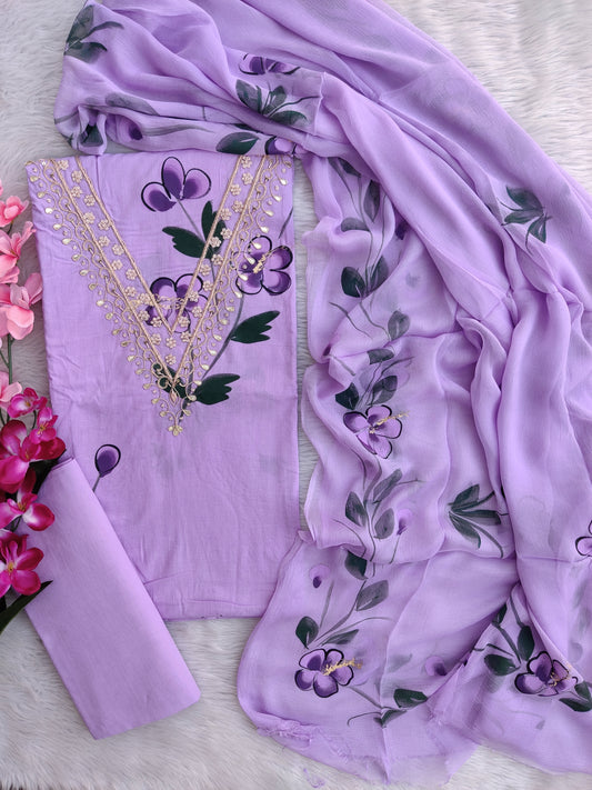 FLORAL PRINTED COTTON GOTA PATTI SUIT WITH CHIFFON DUPATTA
