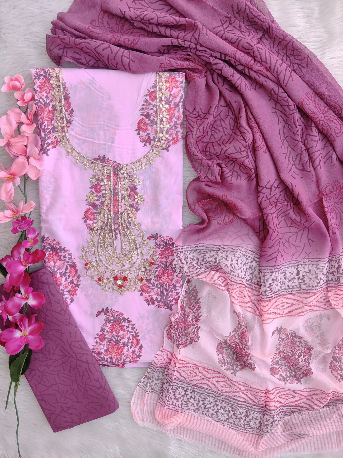 FLORAL PRINTED COTTON GOTA PATTI SUIT WITH CHIFFON DUPATTA
