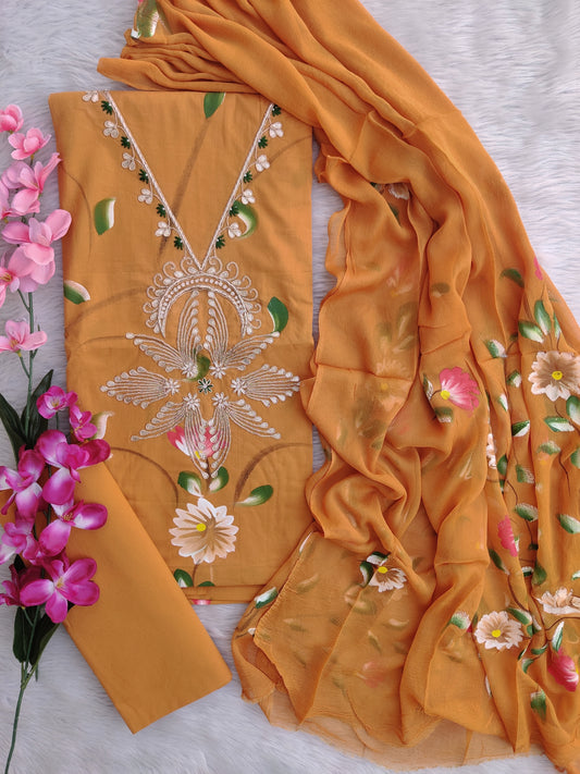 FLORAL PRINTED COTTON GOTA PATTI SUIT WITH CHIFFON DUPATTA