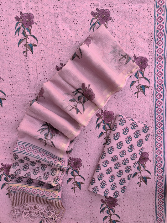 Hand Block Printed Cotton Schiffli Suit with Kota Doria Dupatta