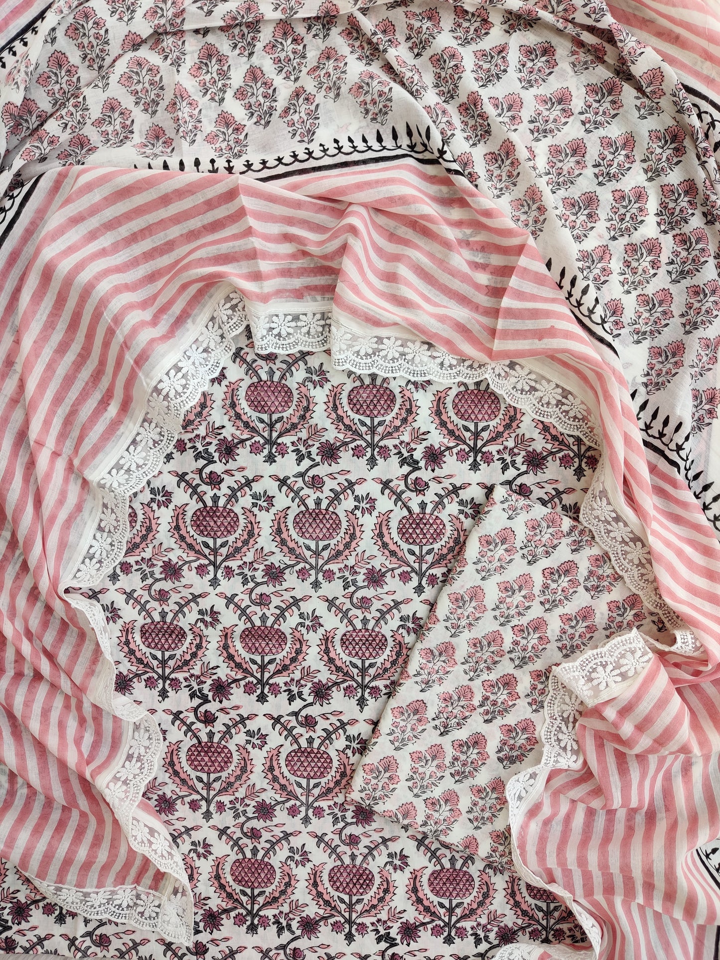 Hand Block Printed Cotton Suit With Lace Work Mulmul Dupatta