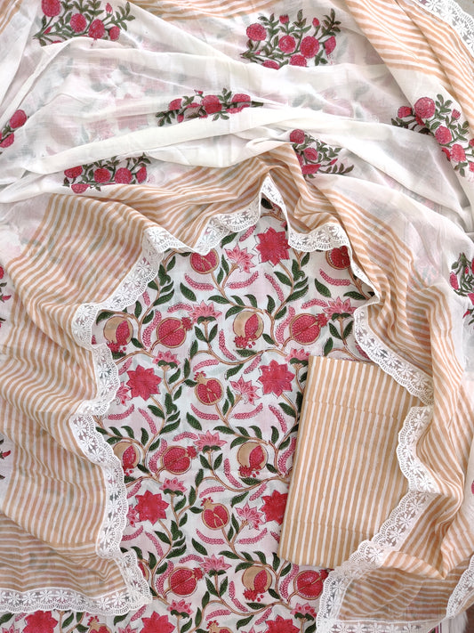 Hand Block Printed Cotton Suit With Lace Work Mulmul Dupatta
