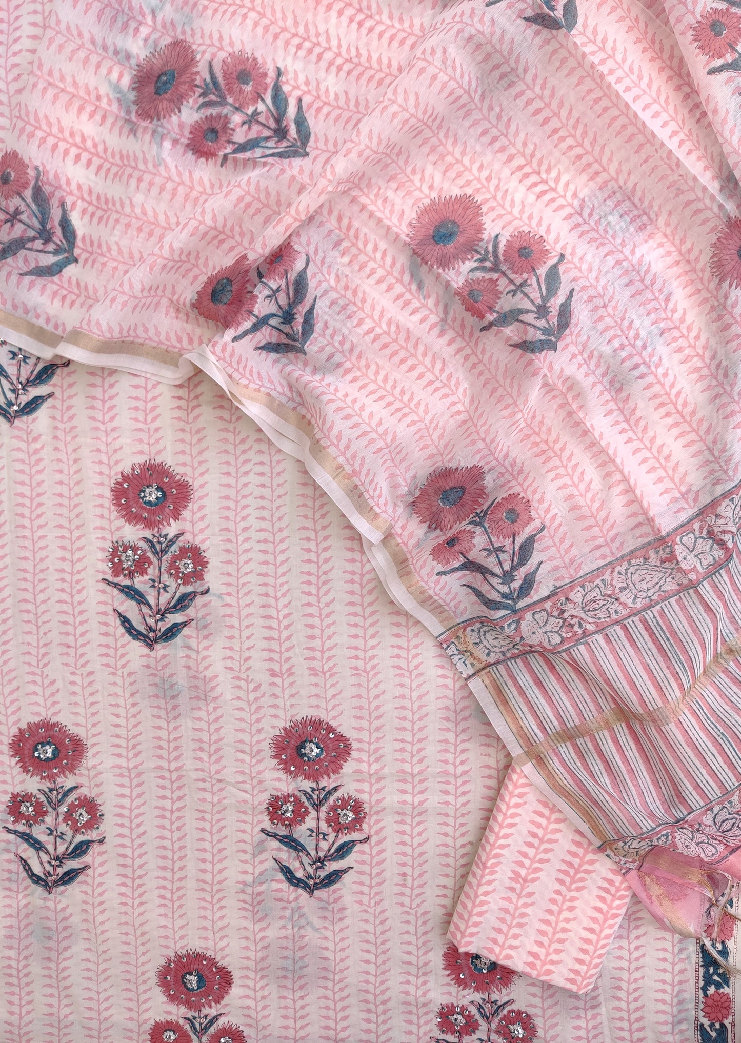 Hand Block Printed Cotton Suit with Mul Chanderi Dupatta