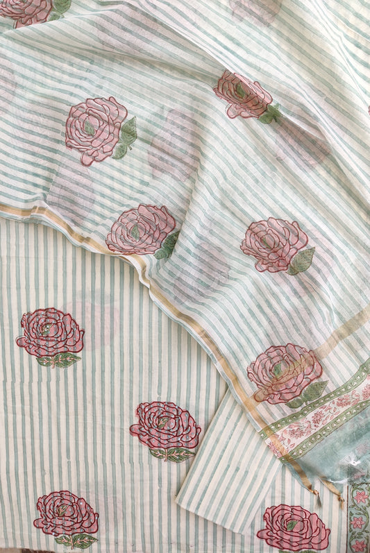 Hand Block Printed Cotton Suit with Mul Chanderi Dupatta