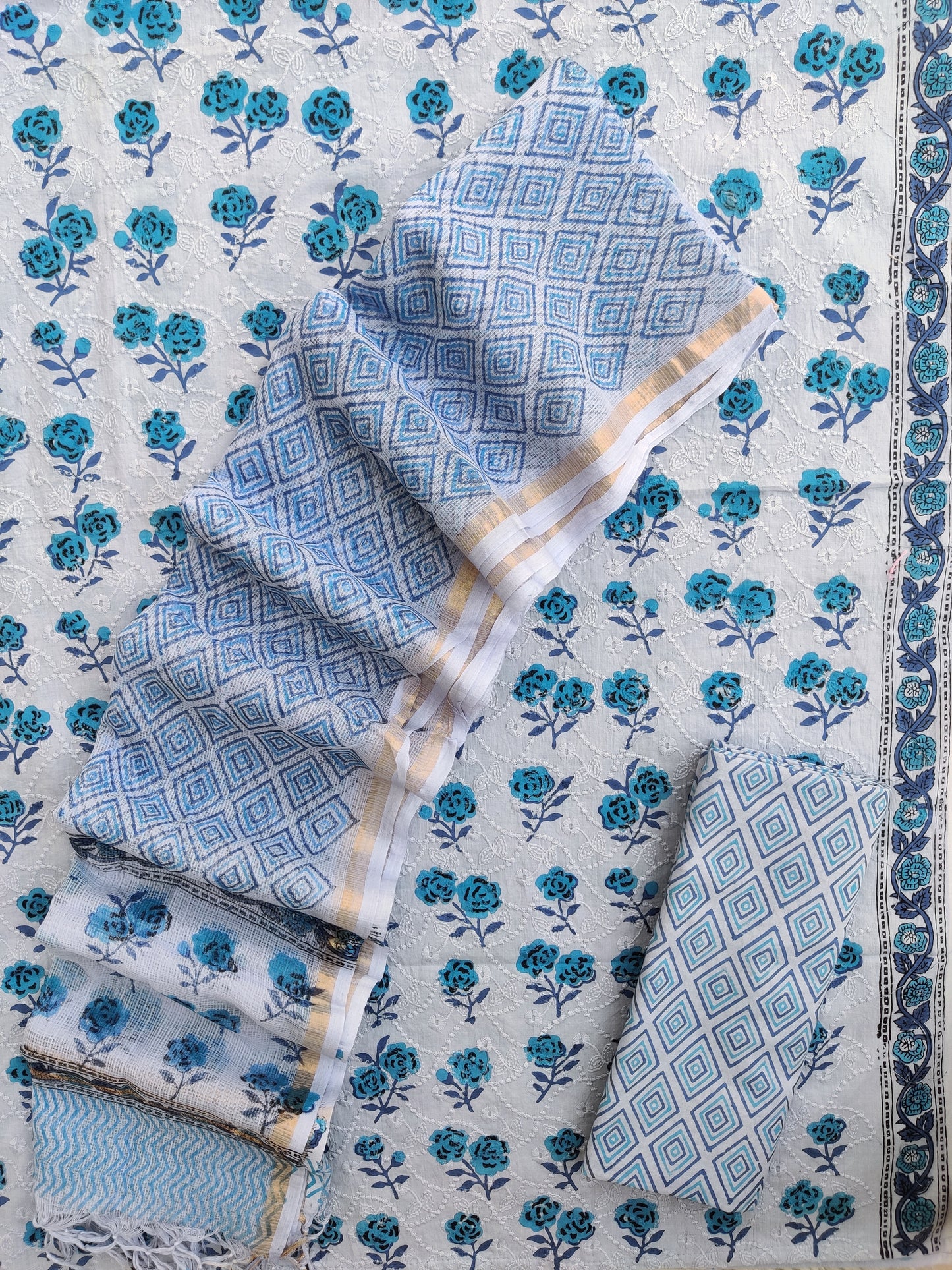 Hand Block Printed Cotton Schiffli Suit with Kota Doria Dupatta