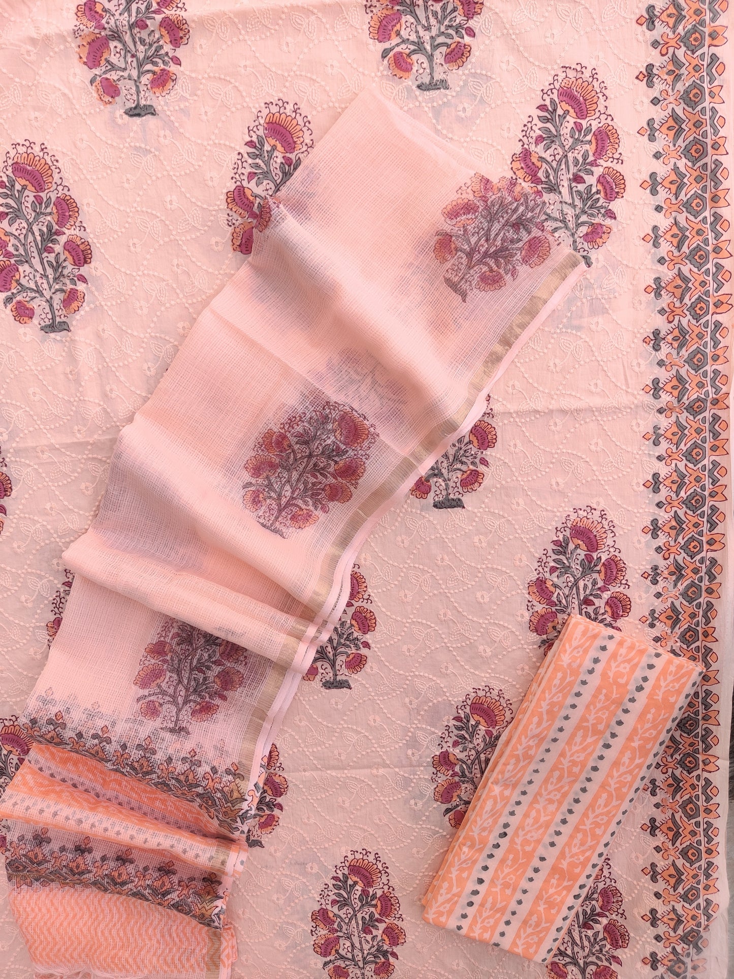 Hand Block Printed Cotton Schiffli Suit with Kota Doria Dupatta