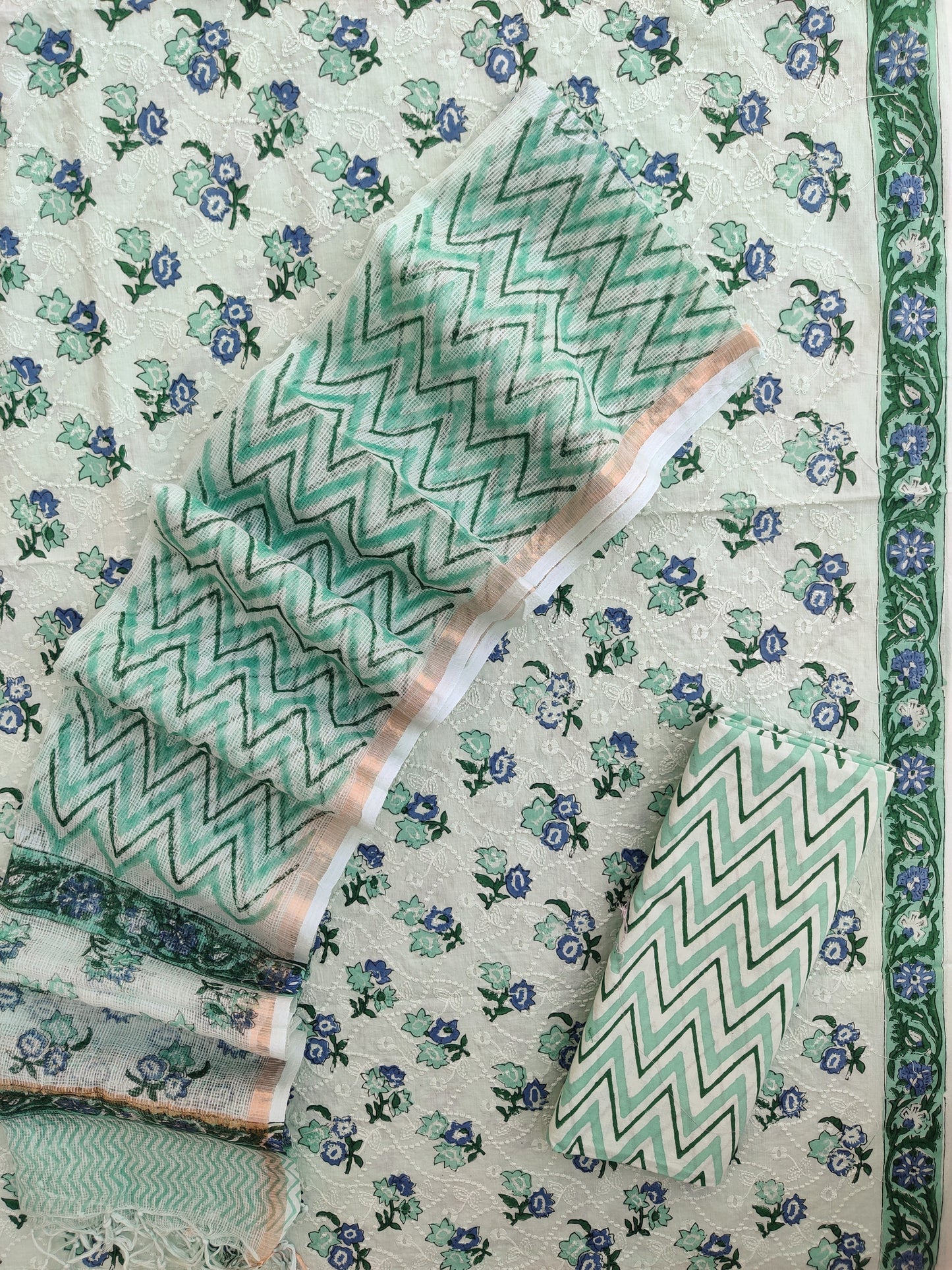 Hand Block Printed Cotton Schiffli Suit with Kota Doria Dupatta