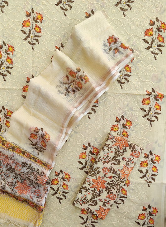 Hand Block Printed Cotton Schiffli Suit with Kota Doria Dupatta