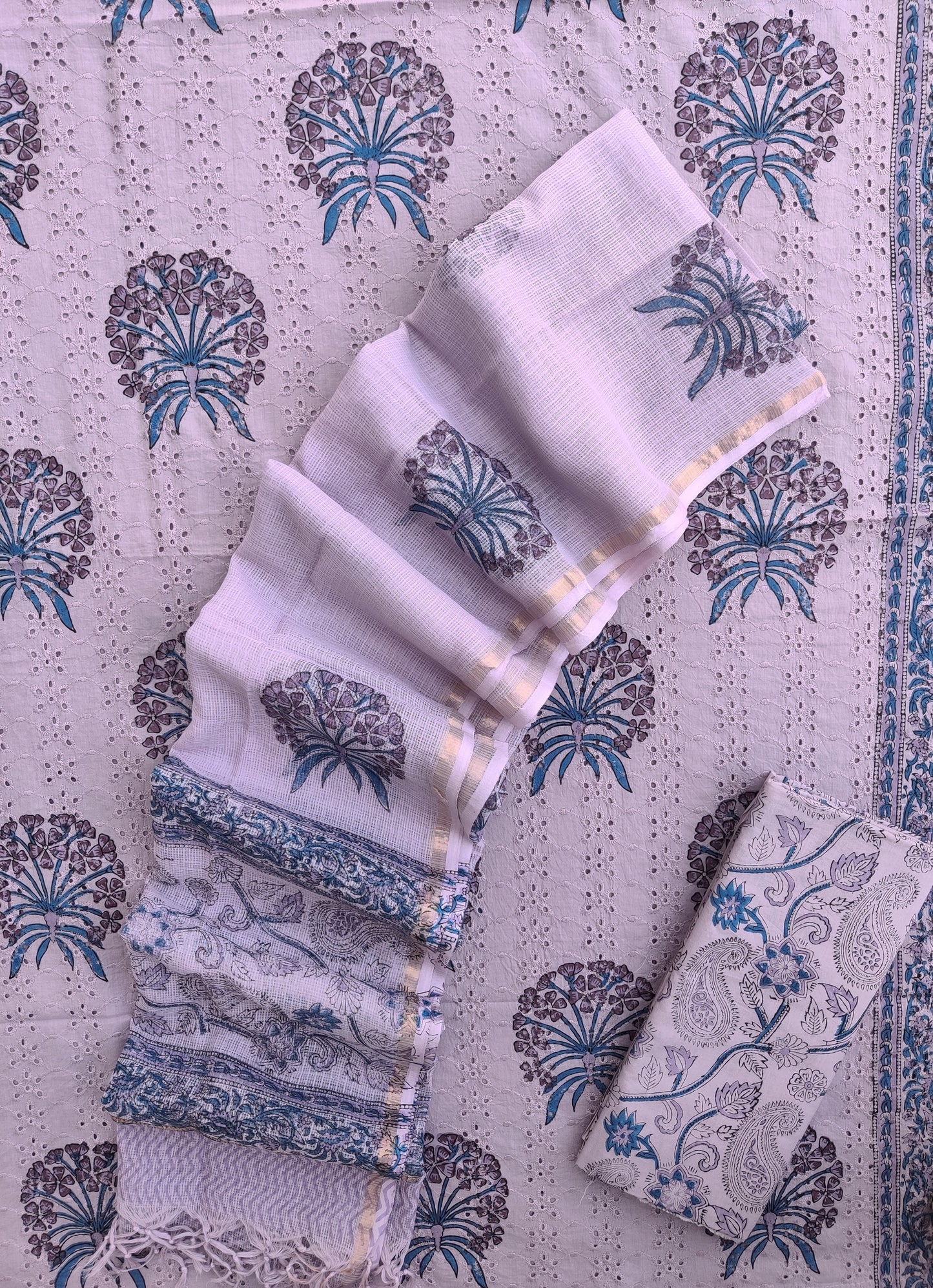 Hand Block Printed Cotton Schiffli Suit with Kota Doria Dupatta