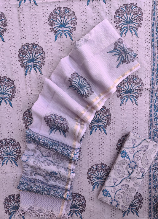 Hand Block Printed Cotton Schiffli Suit with Kota Doria Dupatta