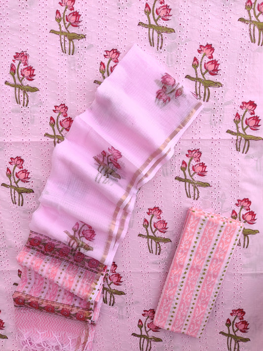 Hand Block Printed Cotton Schiffli Suit with Kota Doria Dupatta