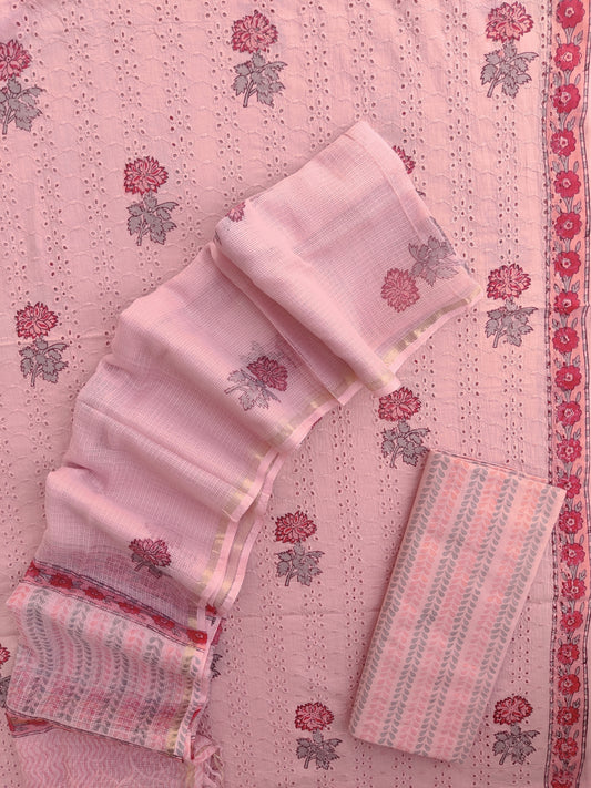 Hand Block Printed Cotton Schiffli Suit with Kota Doria Dupatta