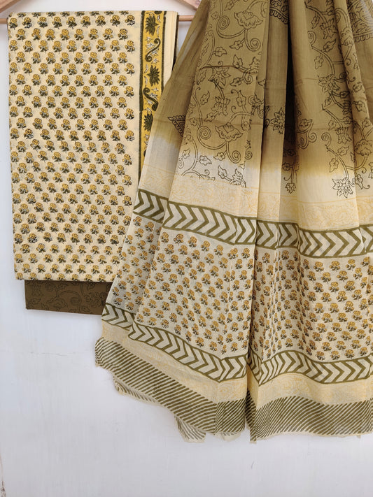 Hand Block Printed Cotton Suit With Mulmul Cotton Dupatta
