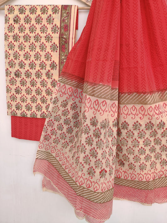 Hand Block Printed Cotton Suit With Mulmul Cotton Dupatta
