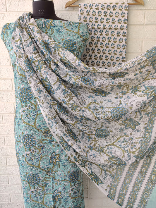 Hand Block Printed Cotton Suit With Mulmul Cotton Dupatta