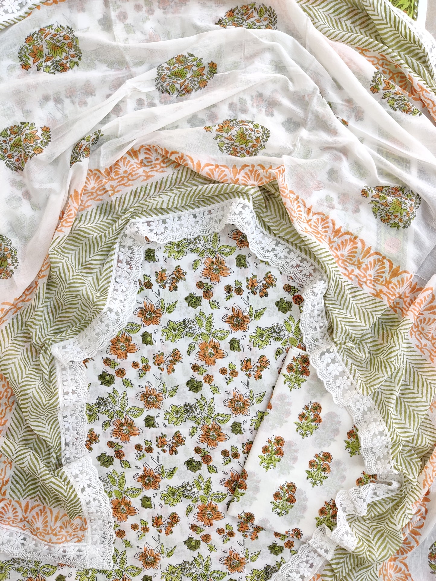 Hand Block Printed Cotton Suit With Lace Work Mulmul Dupatta