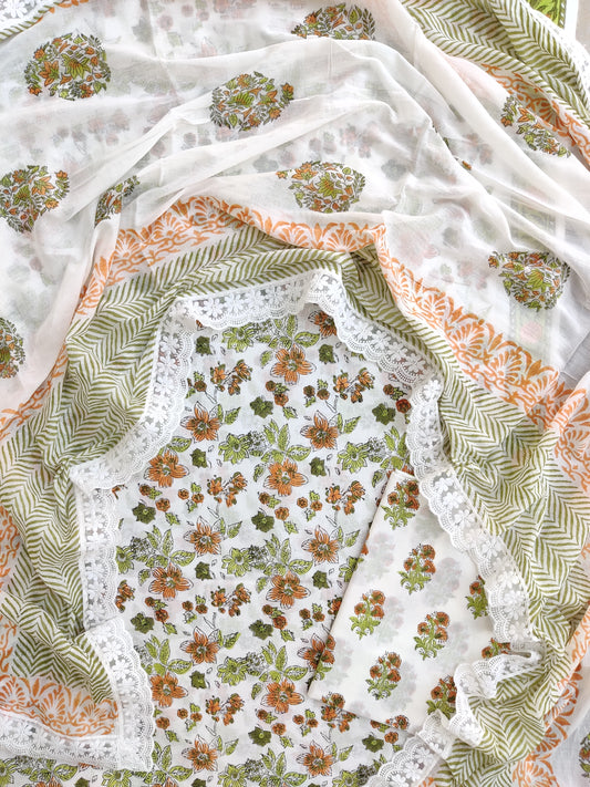 Hand Block Printed Cotton Suit With Lace Work Mulmul Dupatta