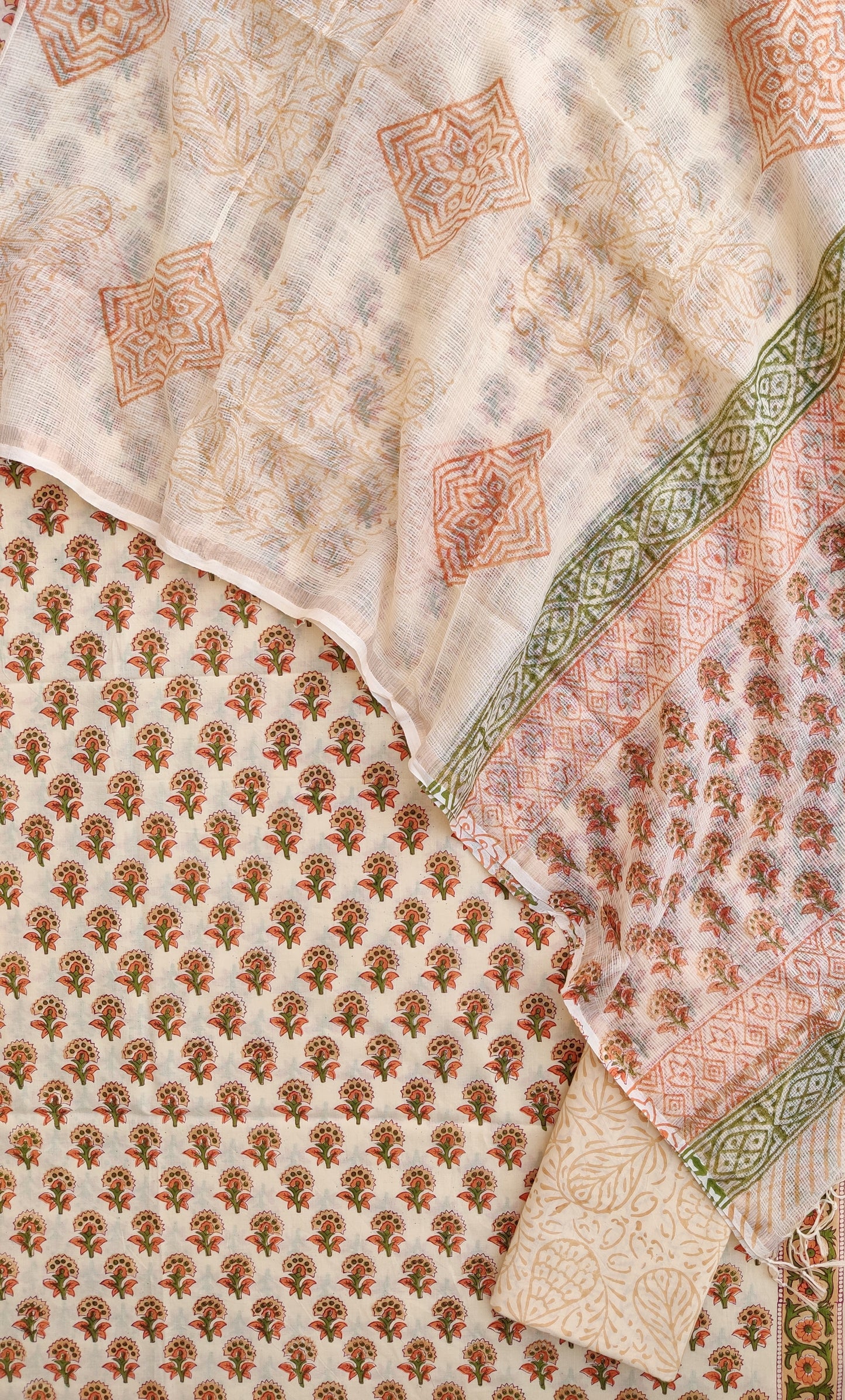 Hand Block Printed Cotton Suit with Cotton Kota Doria dupatta
