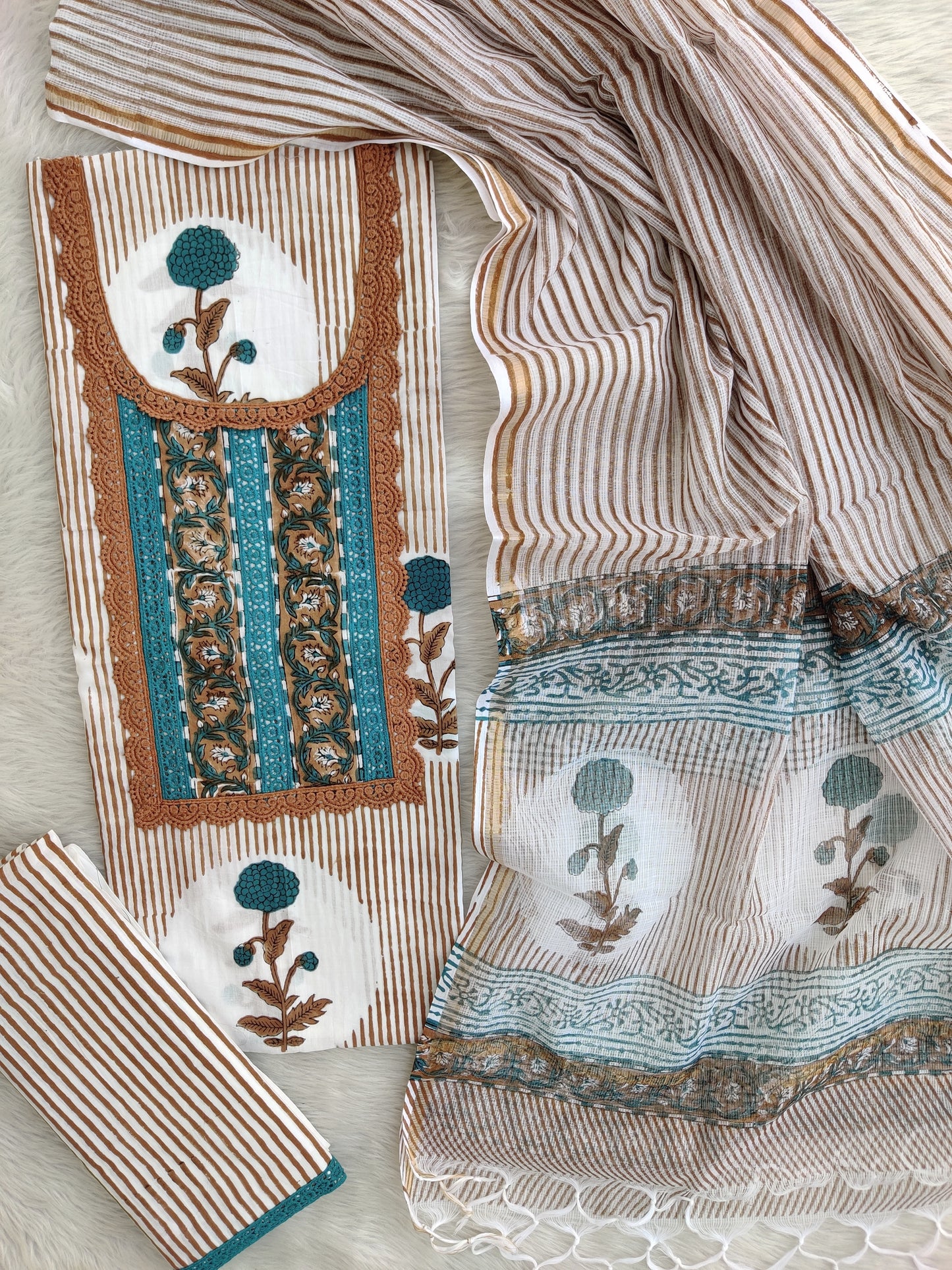 HAND BLOCK PRINTED  NECK WORK SUITS WITH KOTA DORIA DUPATTA