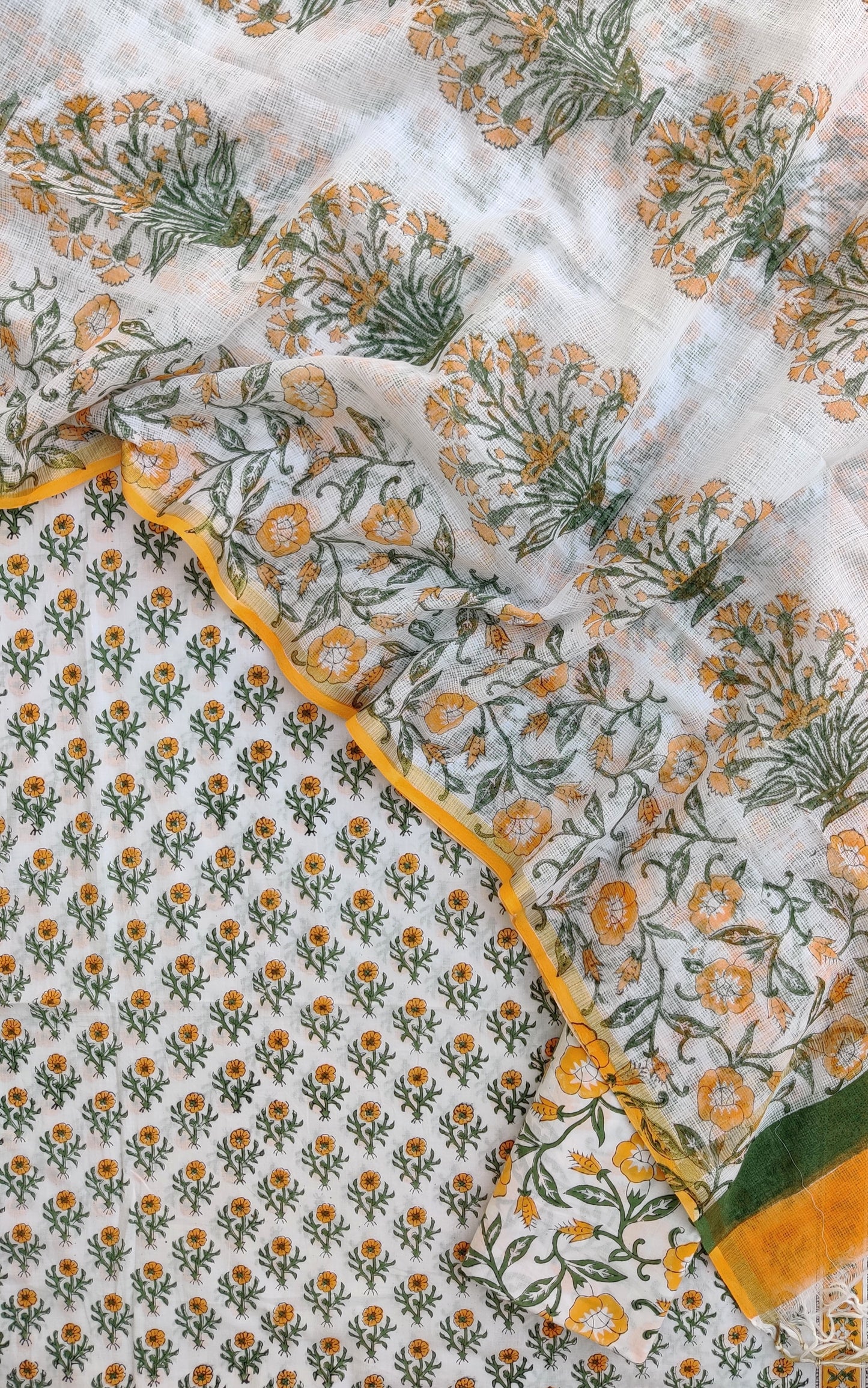 YELLOW BOOTI Hand Block Printed Cotton Suit with Cotton Kota Doria dupatta