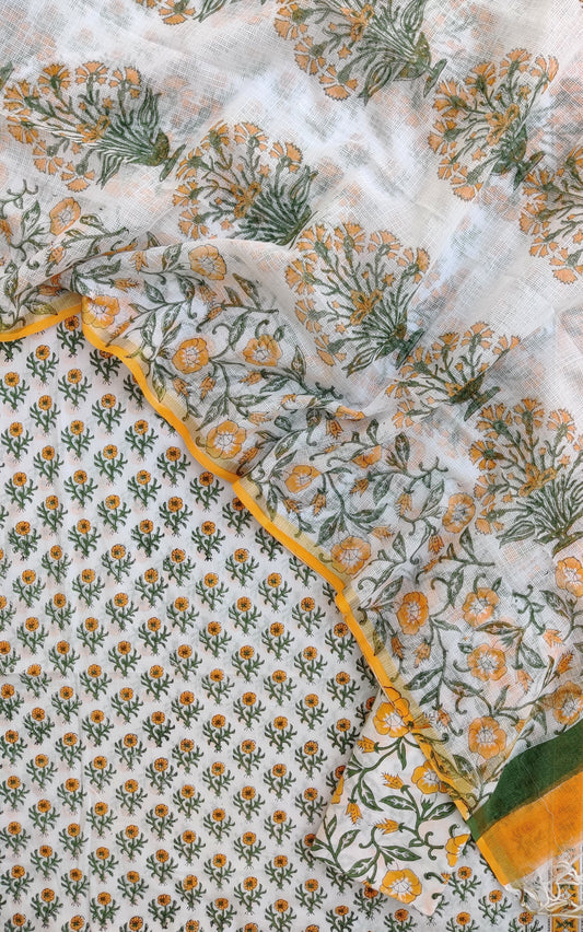 YELLOW BOOTI Hand Block Printed Cotton Suit with Cotton Kota Doria dupatta