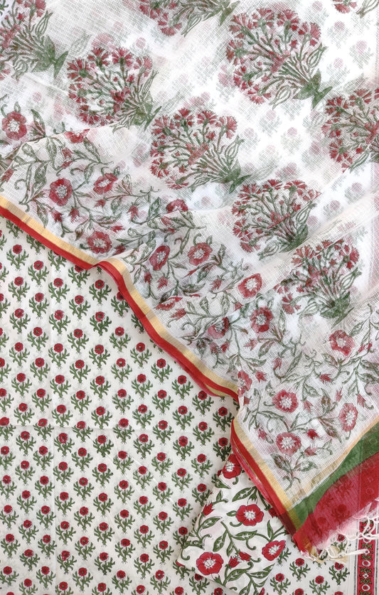 RED BOOTI Hand Block Printed Cotton Suit with Cotton Kota Doria dupatta