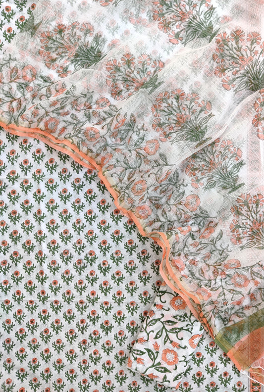 ORANGE BOOTI Hand Block Printed Cotton Suit with Cotton Kota Doria dupatta