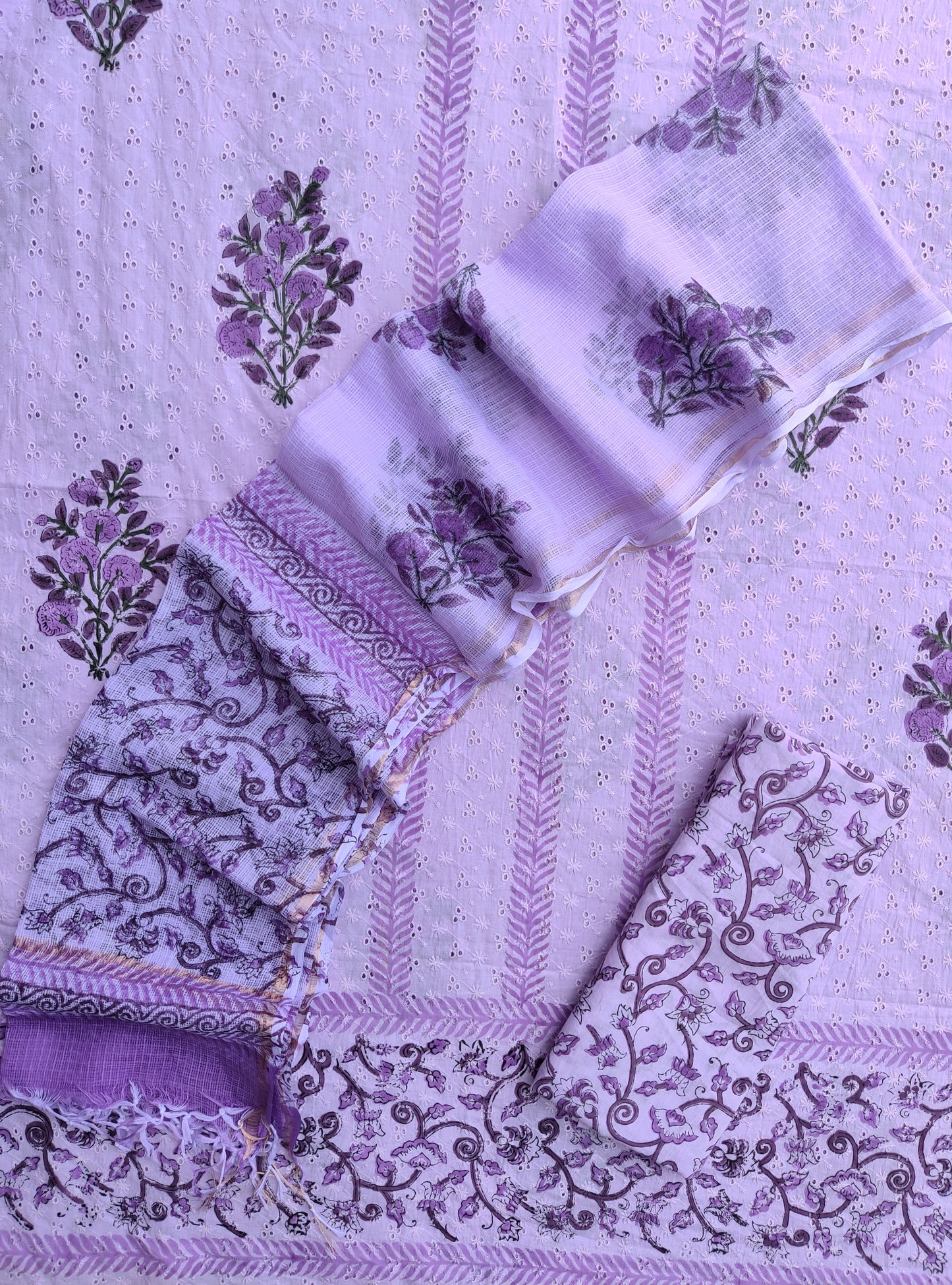 Hand Block Printed Cotton Schiffli Suit with Kota Doria Dupatta